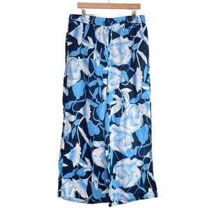 NWT Elie Tahari Sz L 100% Linen Leaf Print Blue Pull-On Wide-Leg Pants